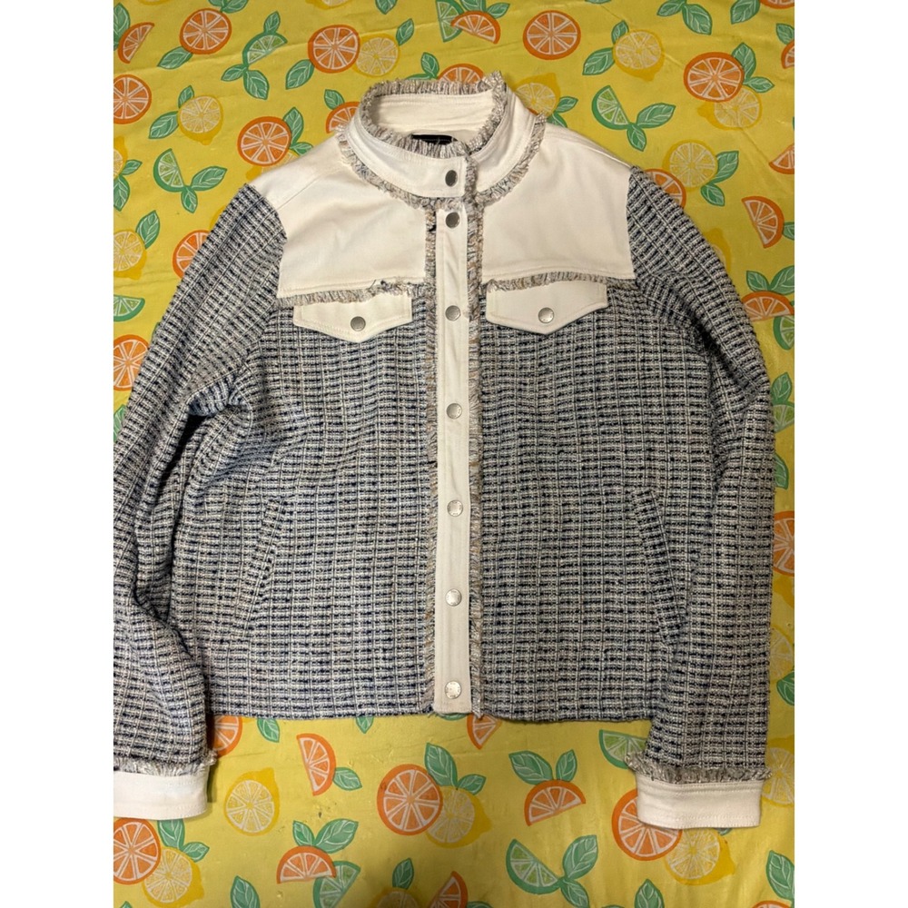 Tweedcore Women FDJ French Dressing Jeans Jacket M Blue White Mixed Media Fringe